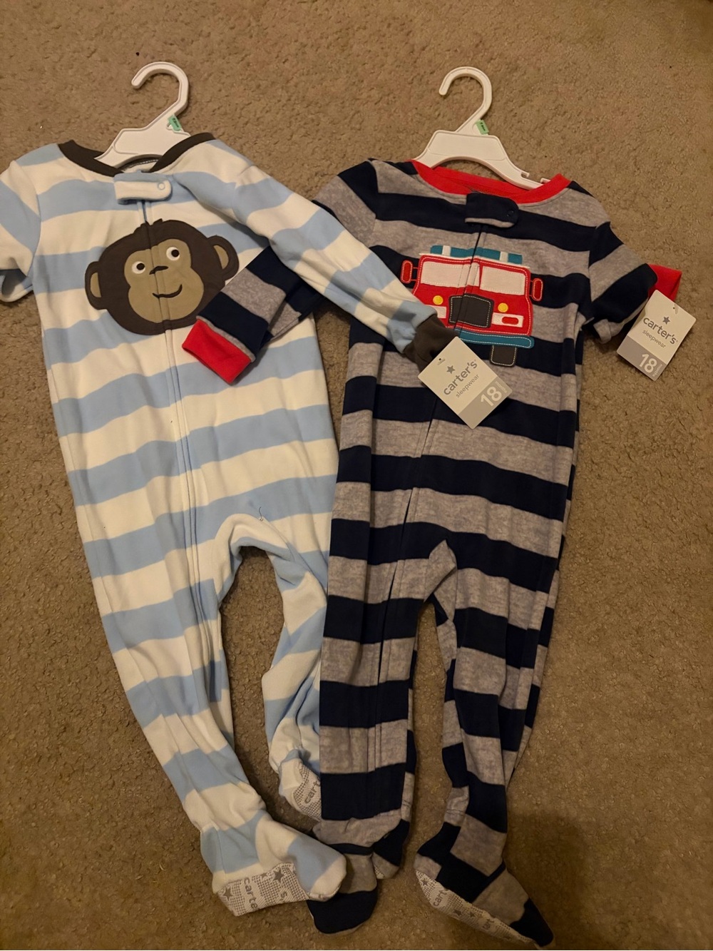 Carter's Blue Striped Monkey & Navy Striped Firetruck One-Piece fleece sleeper